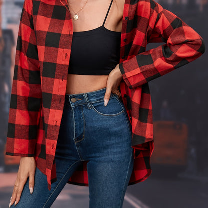 Plaid Print Classic Shirt, Casual Button-Front, Long Sleeve, Women's