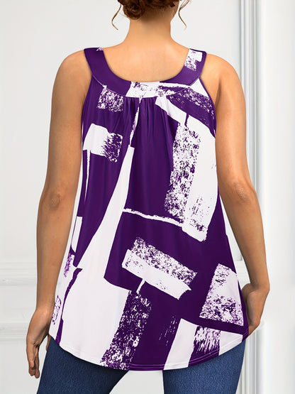 Plus Size Round Neck Colorblock Curved Hem Casual Tank Top