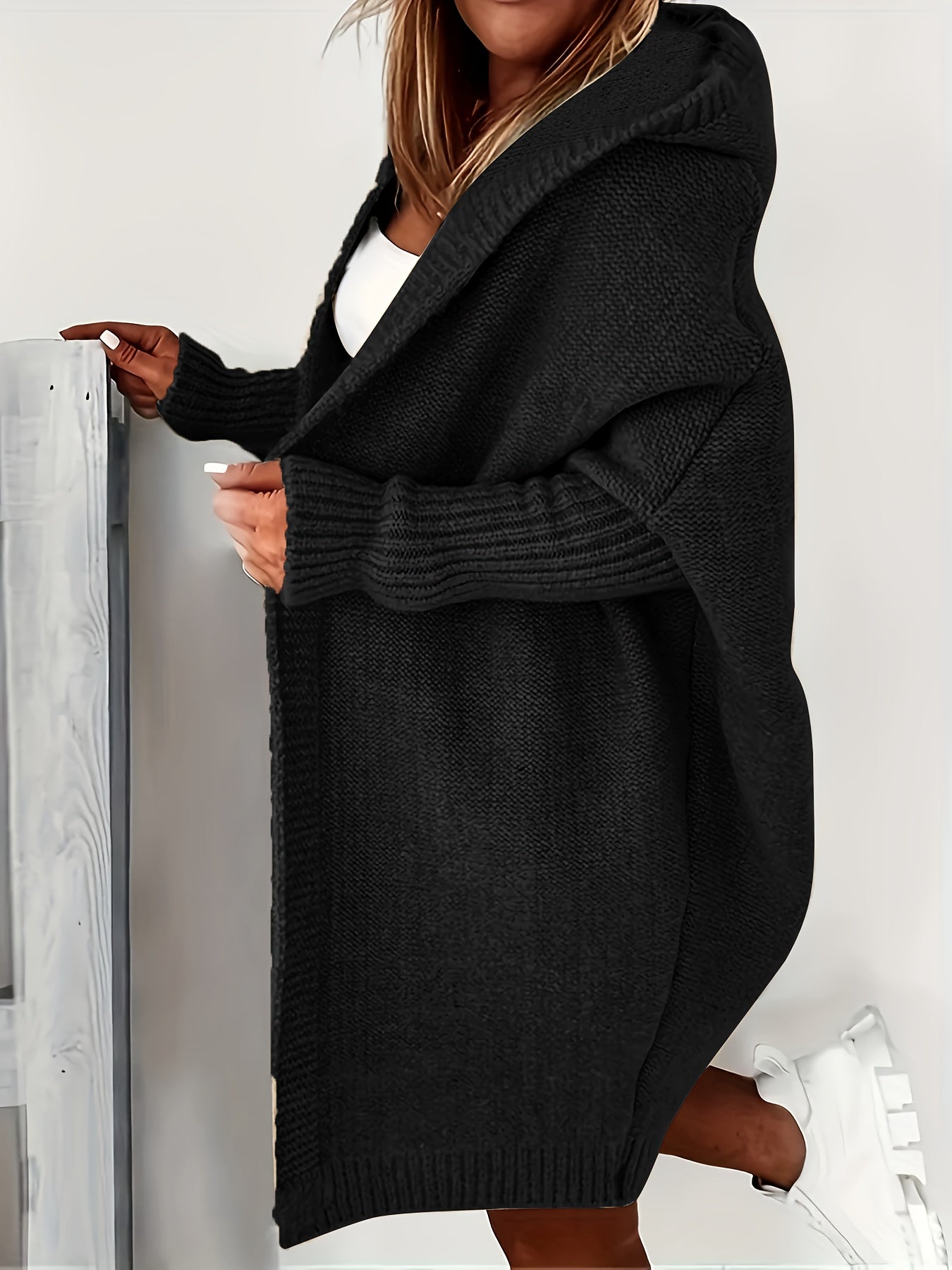 Plus Size Casual Cardigan, Women's Plus Solid Stitching Long Sleeve Hooded Open Front Slight Stretch Sweater Cardigan