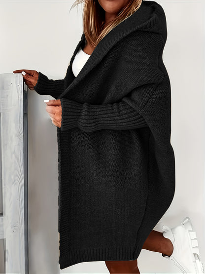 Plus Size Casual Cardigan, Women's Plus Solid Stitching Long Sleeve Hooded Open Front Slight Stretch Sweater Cardigan