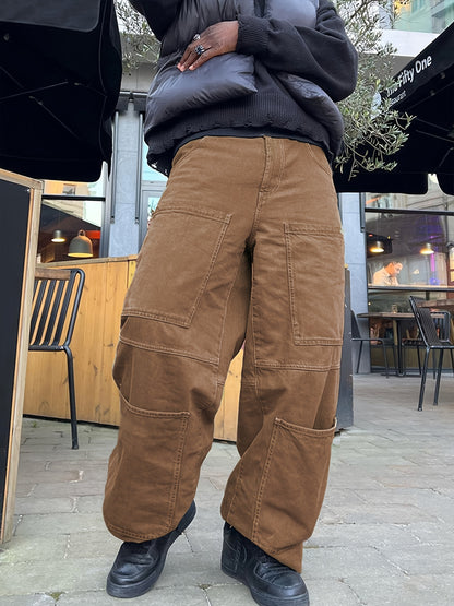 Retro Denim Men's Straight Leg Cargo Pants, Loose Baggy Pants Casual Outdoor Jeans Pants, Work Pants Hipster Streetwear Hiphop Rapper Style For Men