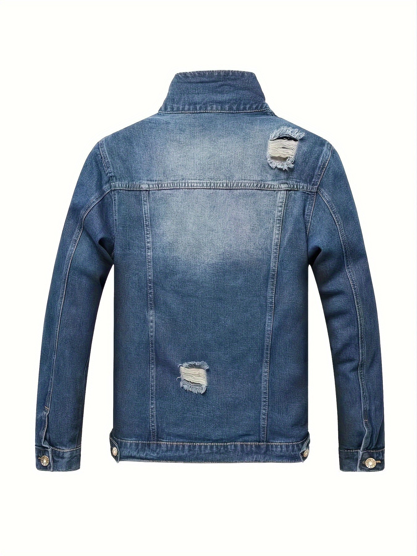 Men's Ripped Denim Jacket with Multiple Pockets, Casual Street Style Denim Jacket