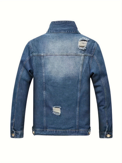 Men's Ripped Denim Jacket with Multiple Pockets, Casual Street Style Denim Jacket