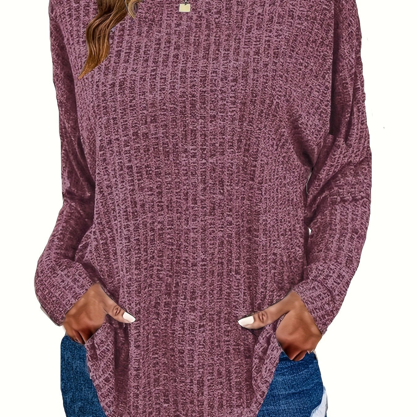 Plus Size Casual Sweater, Women's Plus Solid Ribbed Long Sleeve Round Neck Knit Top