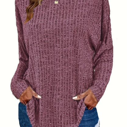 Plus Size Casual Sweater, Women's Plus Solid Ribbed Long Sleeve Round Neck Knit Top