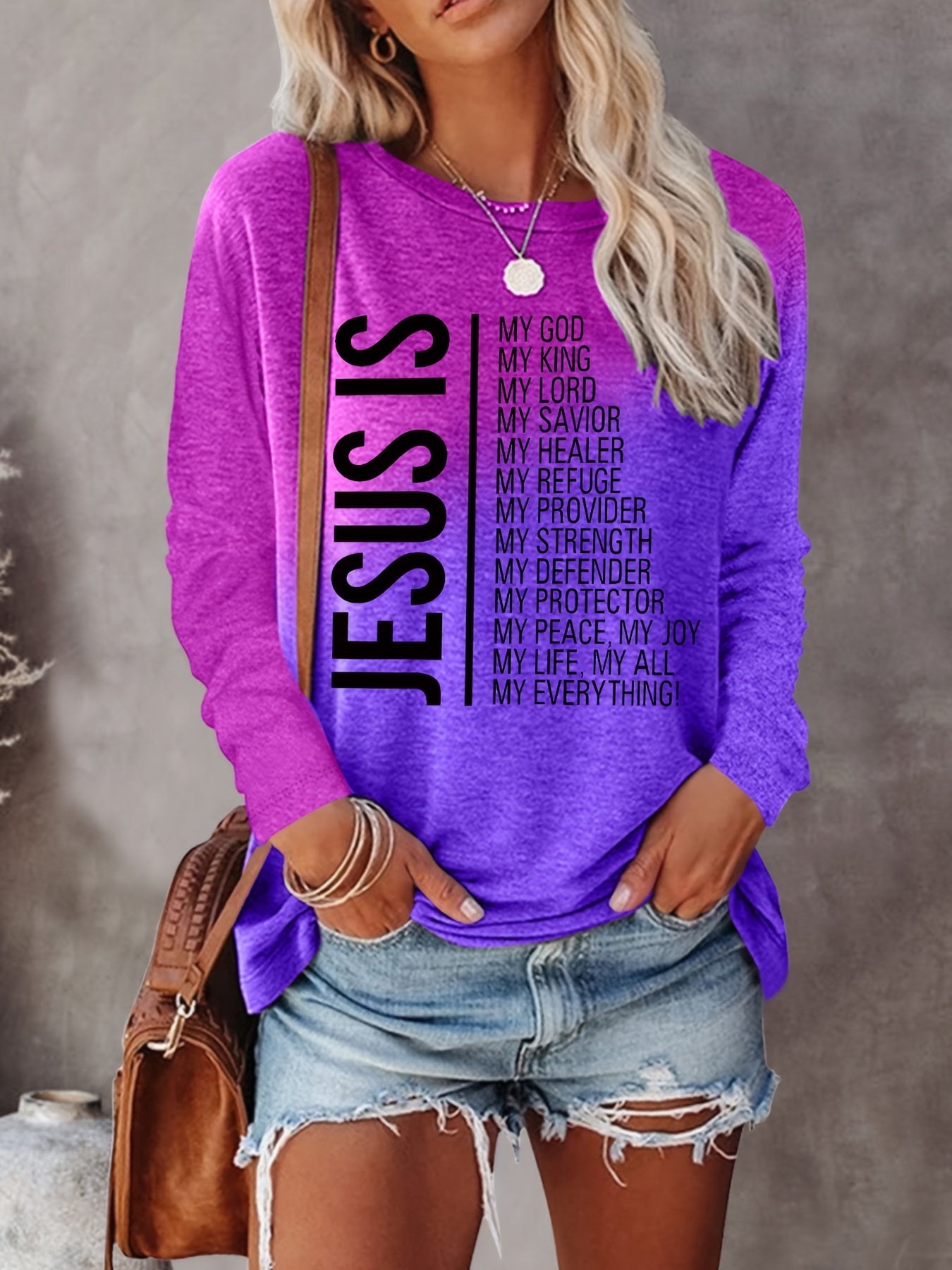 Jesus Print Crew Neck T-shirt, Casual Long Sleeve Top For Spring & Fall, Women's Clothing