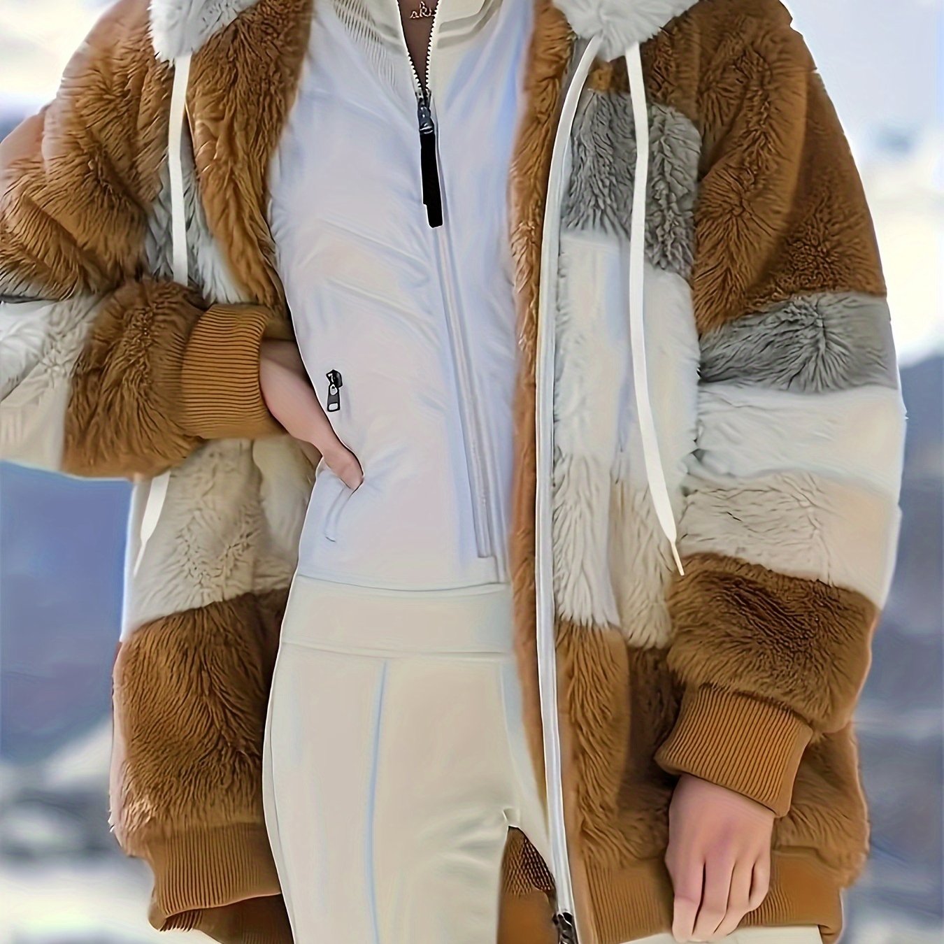 Ultra-Soft Color Block Fuzzy Hooded Coat - Stylish Winter Warm Outerwear with Full-Length Sleeves - Perfect for Casual Wear - Womens Clothing