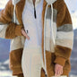 Ultra-Soft Color Block Fuzzy Hooded Coat - Stylish Winter Warm Outerwear with Full-Length Sleeves - Perfect for Casual Wear - Womens Clothing