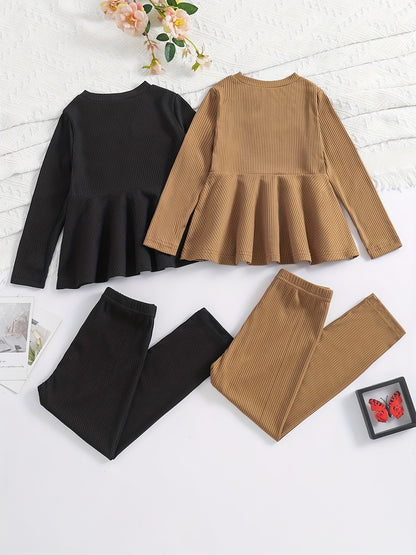 2 Sets Girl's Ribbed Outfit, Peplum Top & Pants Set, Casual Toddler Kid's Clothes For Spring Fall