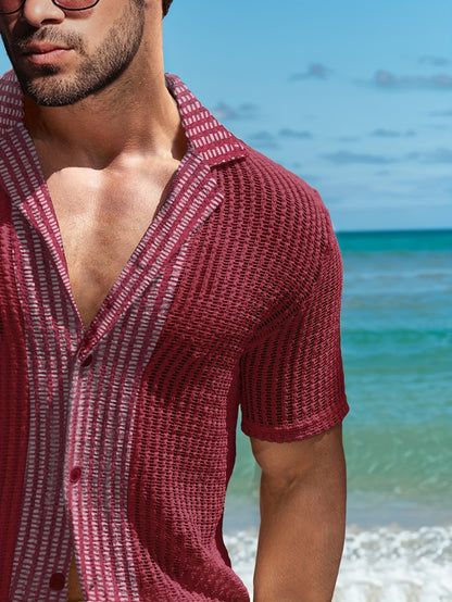 2Pcs Men's Co-ord Set - Breathable Hollow Out Short Sleeve Shirt and Drawstring Shorts for Summer - Daily Leisure, Vacation, Resorts, and Outdoor Activities