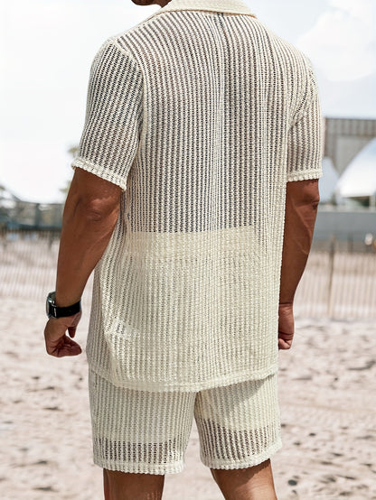 2Pcs Men's Co-ord Set - Breathable Hollow Out Short Sleeve Shirt and Drawstring Shorts for Summer - Daily Leisure, Vacation, Resorts, and Outdoor Activities