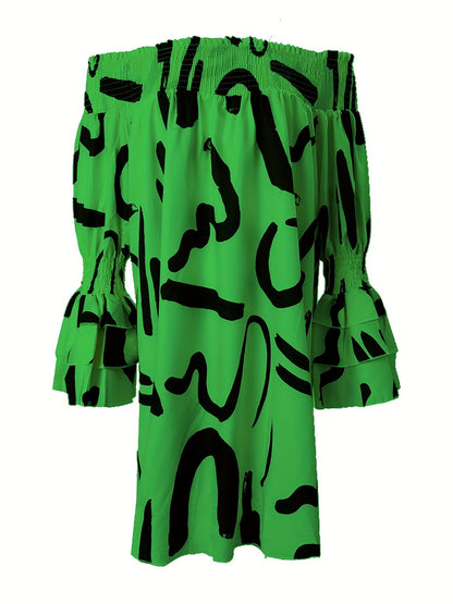 Letter Print Off Shoulder Dress, Loose Long Sleeve Dress, Casual Every Day Dress, Women's Clothing