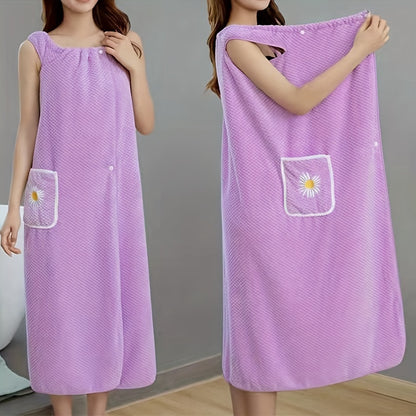 1pc Absorbent Flower Pattern Bath Towel with Pockets for Women - Quick Drying Spa Wrap and Sauna Kilt - Long Bathrobe Skirt for Adults - Bathroom Supplies and Accessories