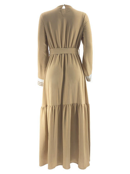Ramadan Elegant Long Sleeve Tie Waist Maxi Modest Dress - Abayas for Women with Solid Color, Comfortable Wear, and Modest Fashion - Perfect for Islamic Occasions and Everyday Wear