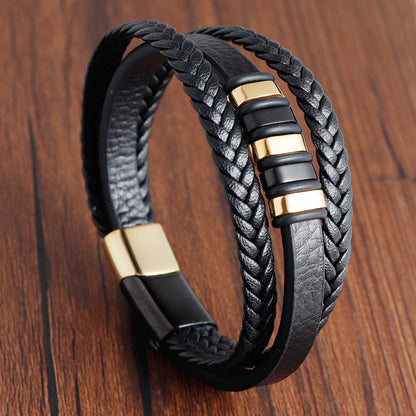 Men's Magnetic Clasp Faux Leather Woven Multilayer Bracelet - Golden-Tone Accents, Minimalist Modern Design for Casual & Formal Wear