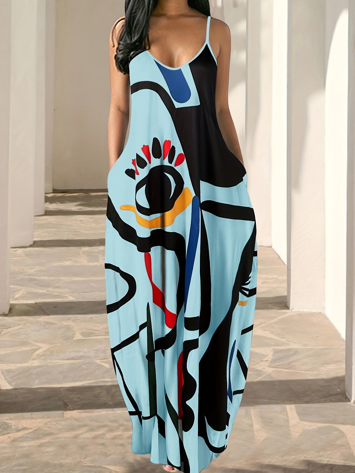 Flowing Maxi Sundress - Vibrant Abstract Art Print - Breezy Spaghetti Straps - Versatile Summer Attire for Women