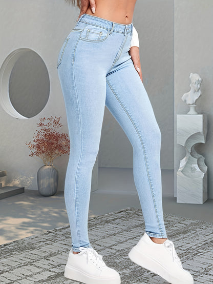 Blue Slim Fit Skinny Jeans, Slim Fit High-Stretch Slant Pockets High Rise Denim Pants, Women's Denim Jeans & Clothing