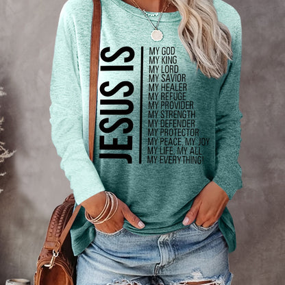 Jesus Print Crew Neck T-shirt, Casual Long Sleeve Top For Spring & Fall, Women's Clothing