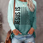 Jesus Print Crew Neck T-shirt, Casual Long Sleeve Top For Spring & Fall, Women's Clothing
