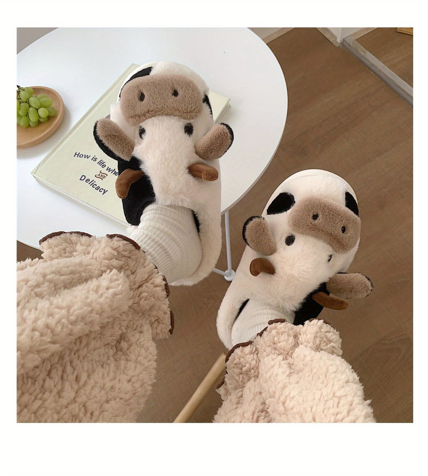 Cozy Cartoon Cow Slippers - Plush Lined Slip-Ons for Winter Warmth and Comfort