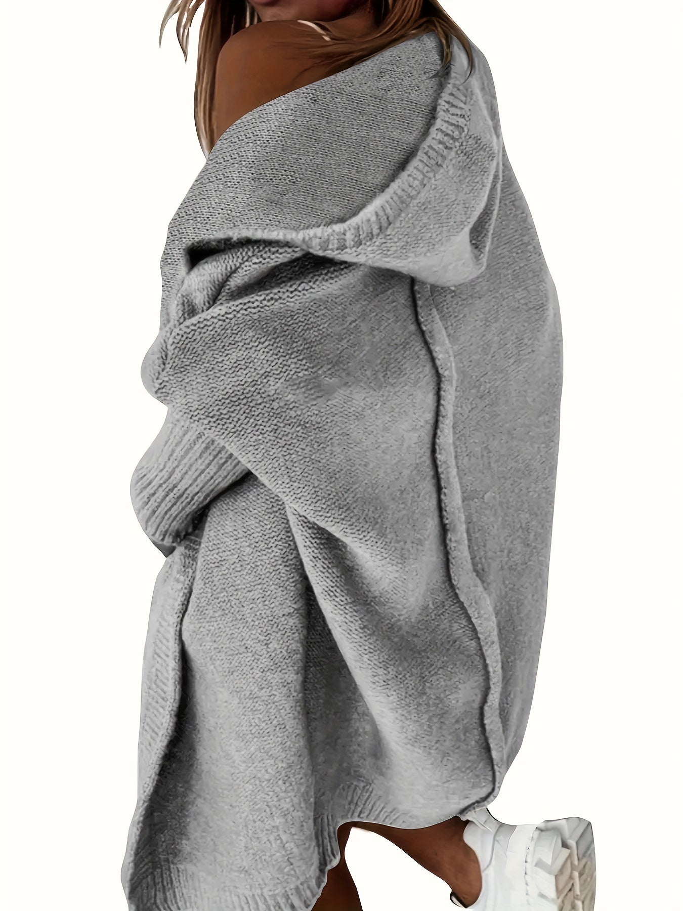 Plus Size Casual Cardigan, Women's Plus Solid Stitching Long Sleeve Hooded Open Front Slight Stretch Sweater Cardigan