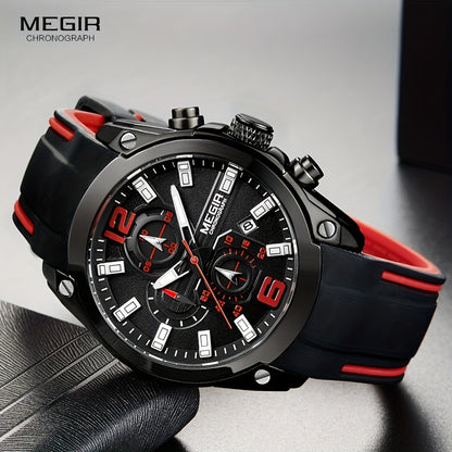 Megir Men's Chronograph Analog Quartz Watch - Date Function, Luminous Display, Soft Silicone Rubber Strap, Stylish Wristwatch Ideal for Gifts, Everyday Wear
