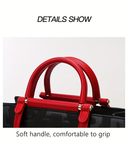 Classic Letter Embossed Tote Bag, Colorblock Shoulder Bag, All-Match Satchel Bag For Work