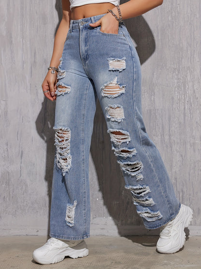 Loose Fit Blue Ripped Hole Straight Leg Jeans - Comfortable Non-Stretch Cotton Blend Denim with Distressed Slant Pockets and Wide Legs - Machine Washable, Casual Style for All Seasons
