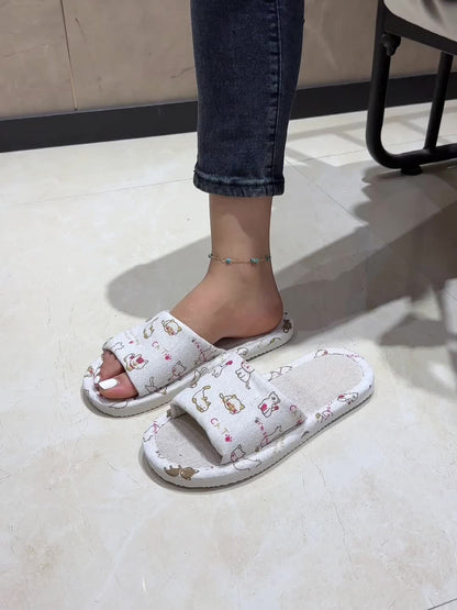 Adorable Cartoon Cat Print Flat Slippers - Slip-On Open-Toe Non-Slip Lightweight Casual Slides Shoes for Home Comfort - Comfy, Breathable, and Soft Cartoon Character Design