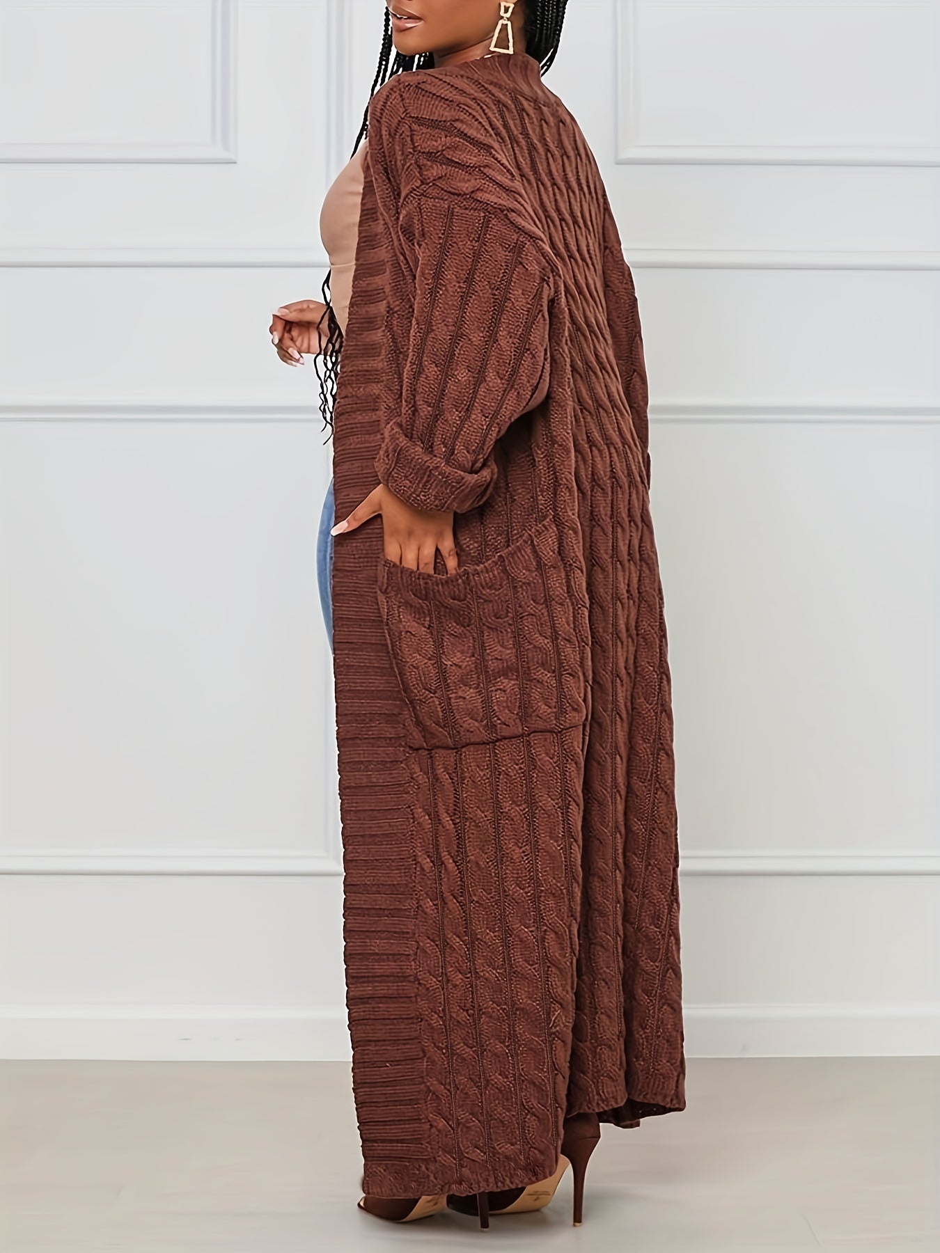 Plus Size Solid Jacquard Longline Cardigan, Women's Plus Medium Stretch Elegant Sweater Cardigan