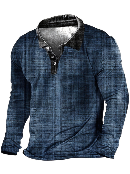 Plus Size Oversized Textured Lapel Shirt - Vintage Style Long Sleeve Golf Shirt for Spring/Autumn - Soft, Breathable, Comfortable, Relaxed Fit, Men's Clothing for Casual Outdoor Activities