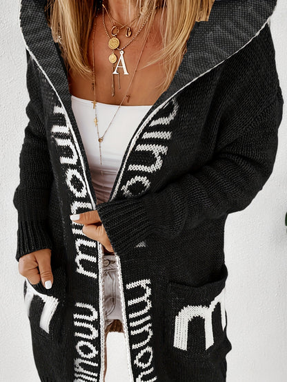 Chic Plus Size Open Front Hooded Cardigan - Long Sleeve & Letter Print, Cozy with Pockets, Ideal for Casual Outings