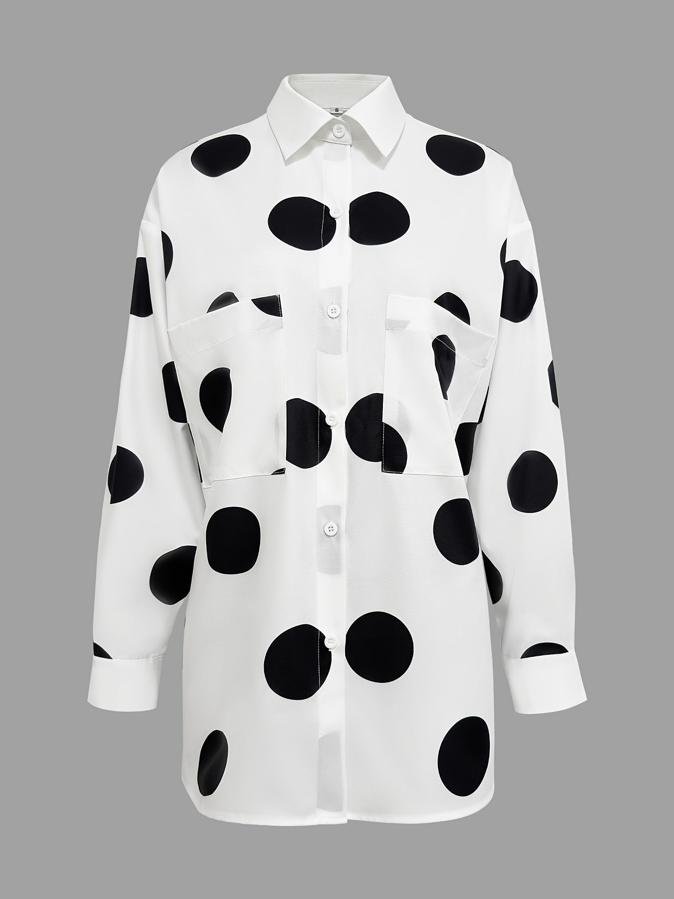 Chic Polka Dot Print Dip Hem Shirt - Versatile Button-Down Design with Practical Pockets - A Feminine Must-Have for Womens Wardrobe