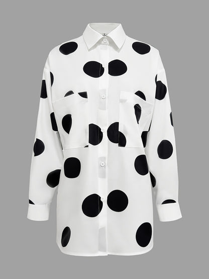 Chic Polka Dot Print Dip Hem Shirt - Versatile Button-Down Design with Practical Pockets - A Feminine Must-Have for Womens Wardrobe