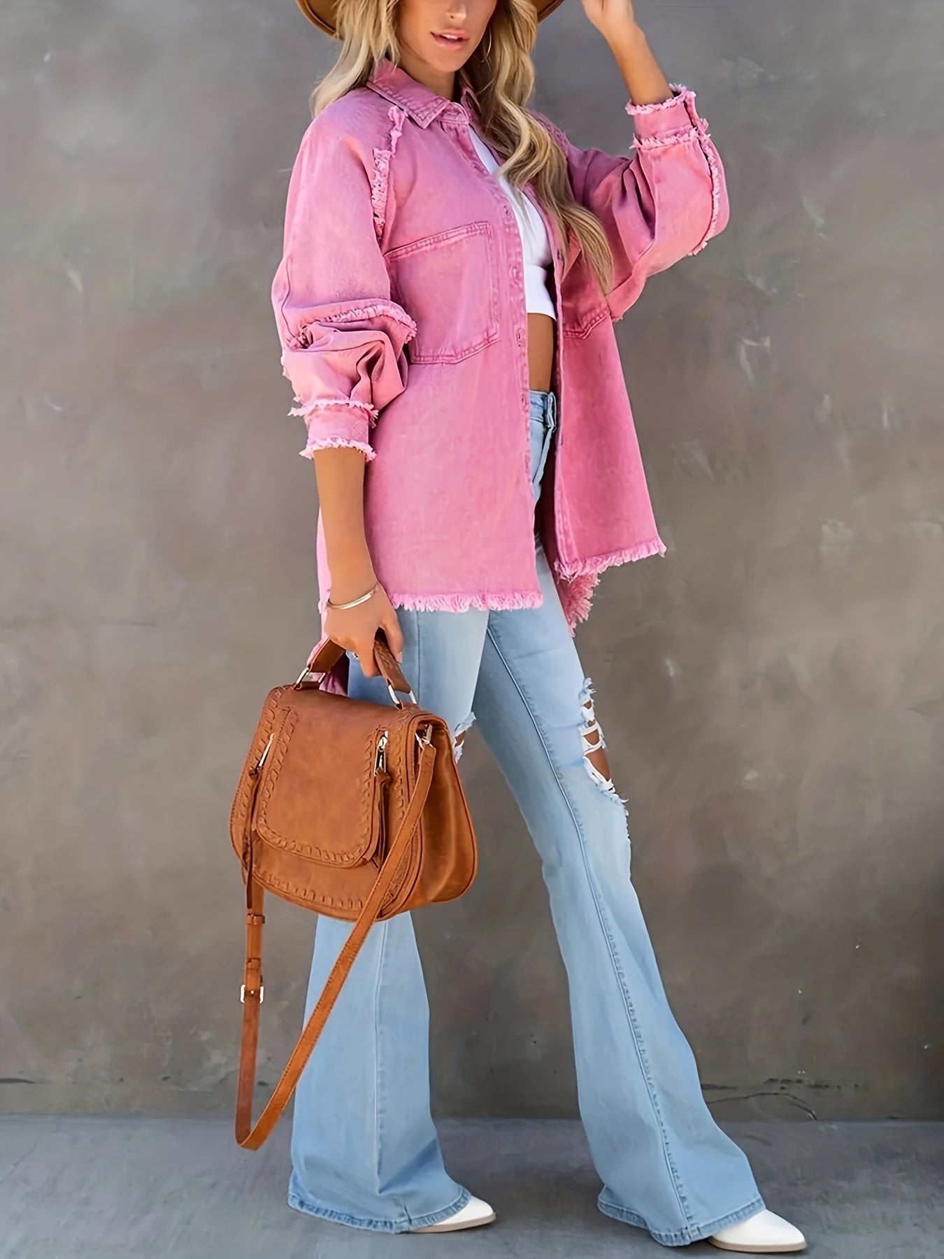 Women's Plus Size Denim Shacket with Raw Hem and Lapel Collar - Casual Button Up Long Sleeve Top for Oversized Comfort and Style