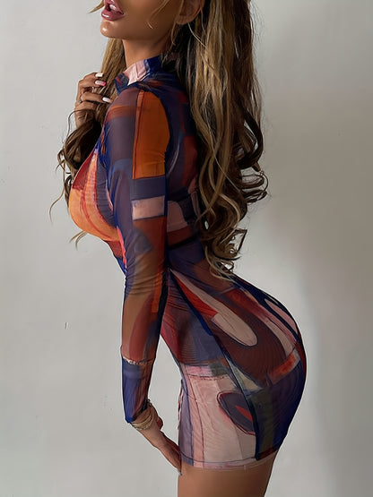 Geo Print Bodycon Dress, Casual Mock Neck Long Sleeve Dress, Women's Clothing For Party Dressing