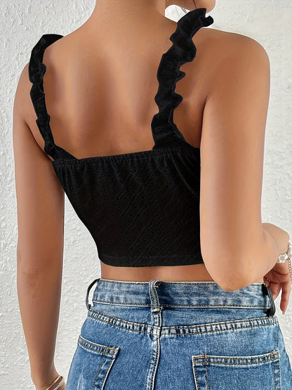 Eyelet Lettuce Trim Crop Cami Top, Casual Tie Front Summer Sleeveless Top, Women's Clothing For Coquette/Cute/Y2K Style