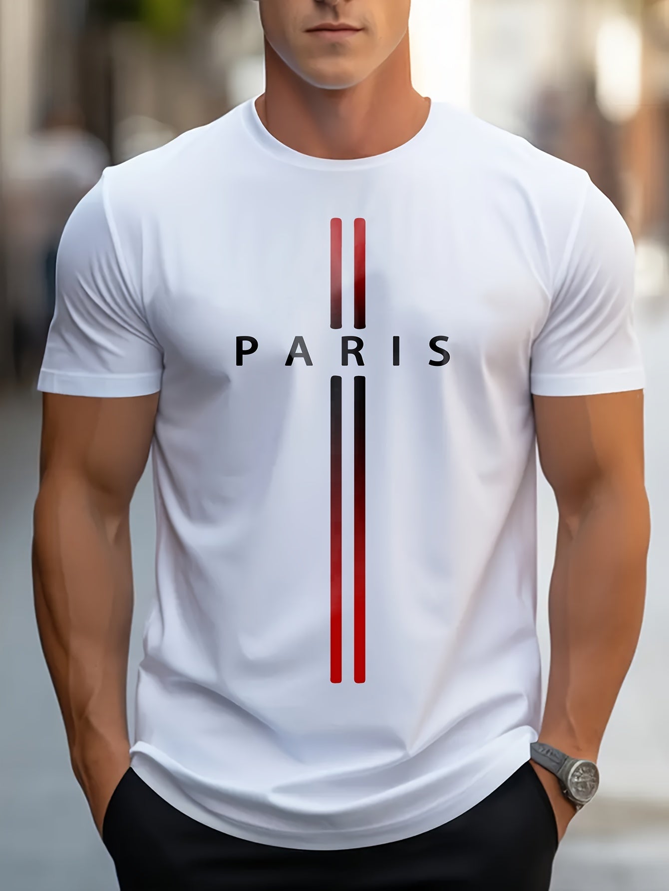 Paris Print, Men's Graphic Design Crew Neck T-shirt, Casual Comfy Tees Tshirts For Summer, Men's Clothing Tops For Daily Vacation Resorts