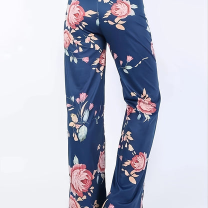 Plus Size Floral Print High Rise Drawstring Long Pants, Women's Plus Slight Stretch Loose Casual Pants