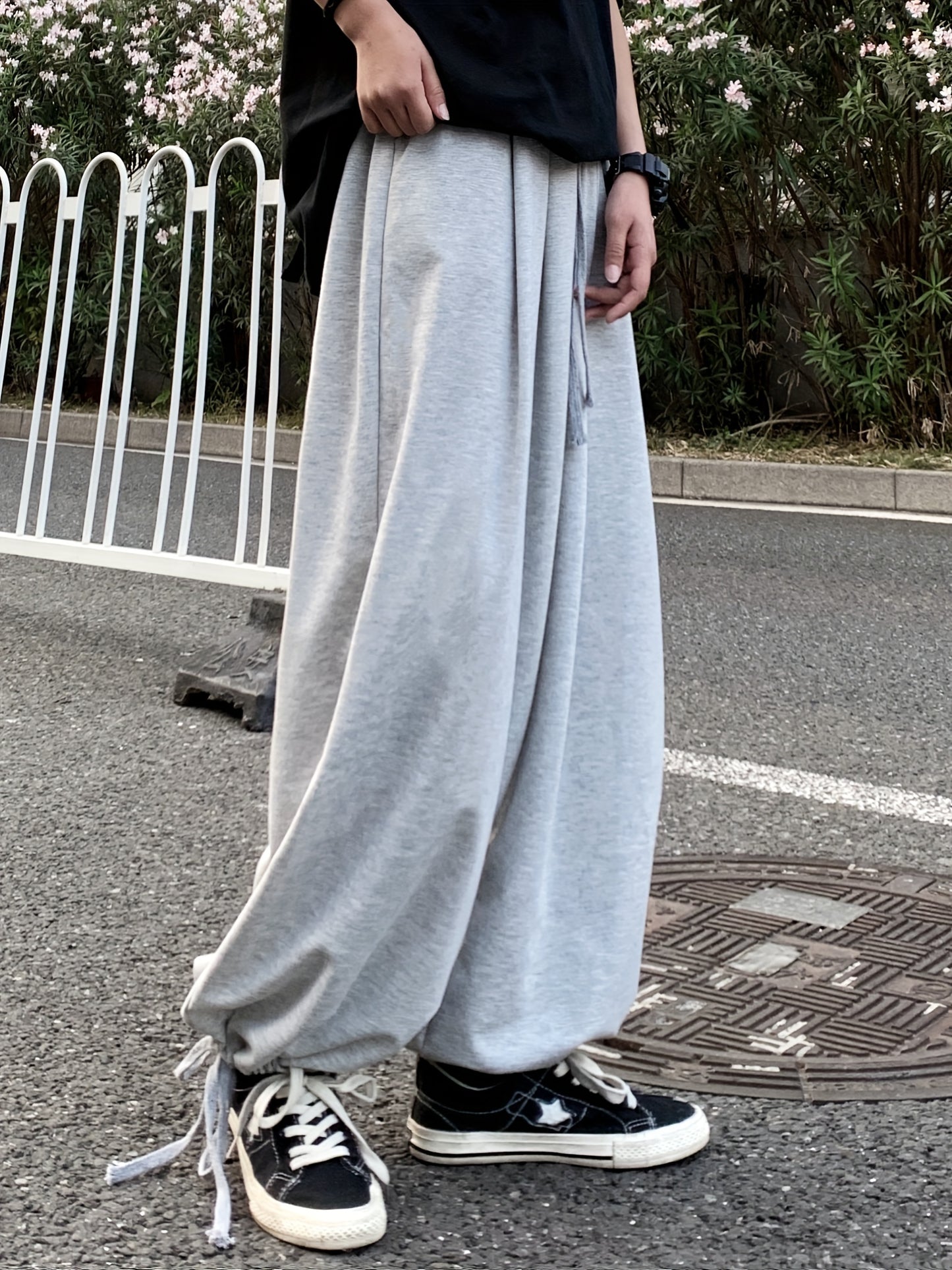 Solid Drawstring Baggy Pants, Casual Pocket Pants For Spring & Fall, Women's Clothing