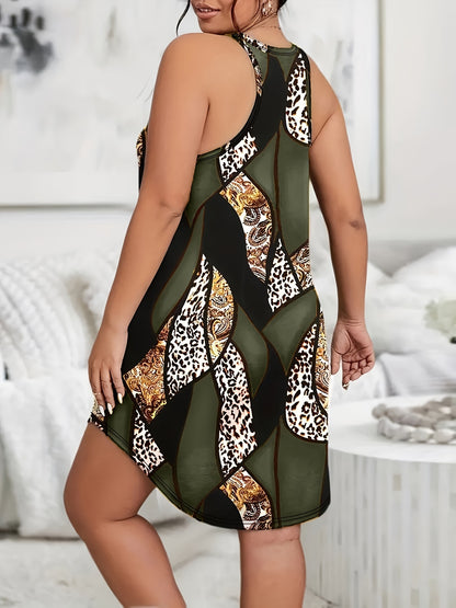 Plus Size Retro Chic Night Dress - Soft Slight Stretch Polyester Fabric, Random Paisley & Leopard Print, Scoop Neck, Racer Back, Boho Style, Casual Sleepwear for Spring, Summer, Fall Seasons