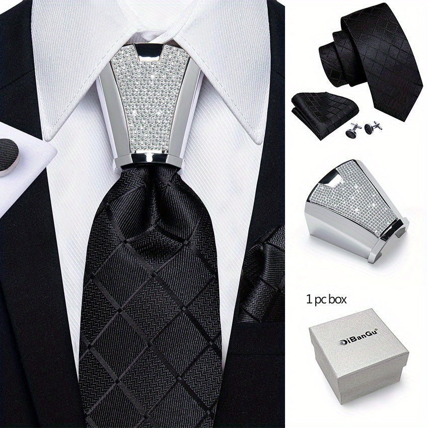 [For Business Silvery Necktie Set] Men's Necktie Silvery Ring & Handkerchief & Cufflinks Set For Business Accessories With Gift Box