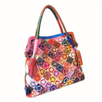Retro 3D Flower Embroidery Tote Bag, Women's Colorblock Patchwork Purse, Large Capacity Genuine Leather Crossbody Bag