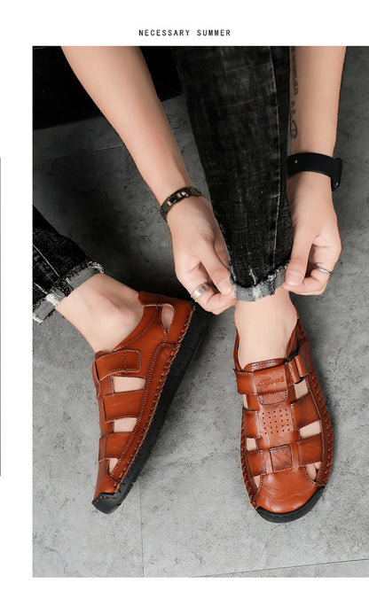 Men's Retro Brown Faux Leather Sandals - Adjustable Hook and Loop Fastener, Non-Slip Rubber Sole, Comfortable Open-Toe Slides for Outdoor Hiking, Trekking, Beach Wear | Spring/Summer/Autumn