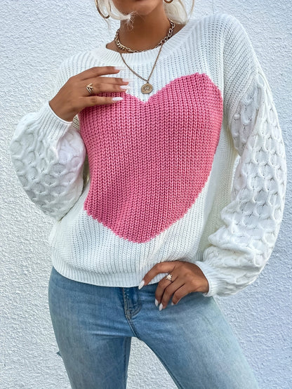 Cozy Heart Pattern Crew Neck Sweatshirt - Pullovers with Long Sleeve, Drop Shoulder, Casual Style, Soft Fabric, Women's Fashion Clothing for Daily Wear