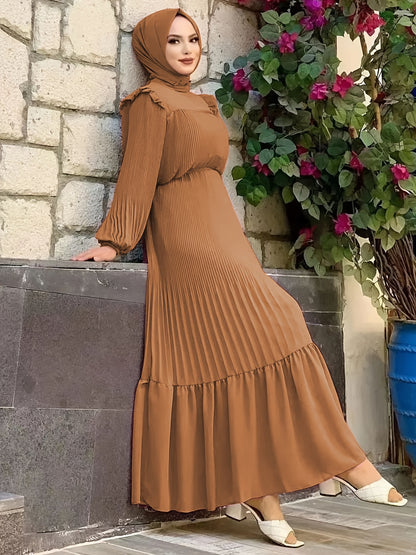 Ramadan Elegant Long Length Kaftan Dress - Polyester Solid Color Belted Maxi Dress with Ruffle Trim, Machine Washable, Casual Wear for All Seasons