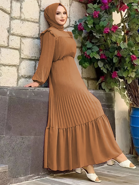 Ramadan Elegant Long Length Kaftan Dress - Polyester Solid Color Belted Maxi Dress with Ruffle Trim, Machine Washable, Casual Wear for All Seasons