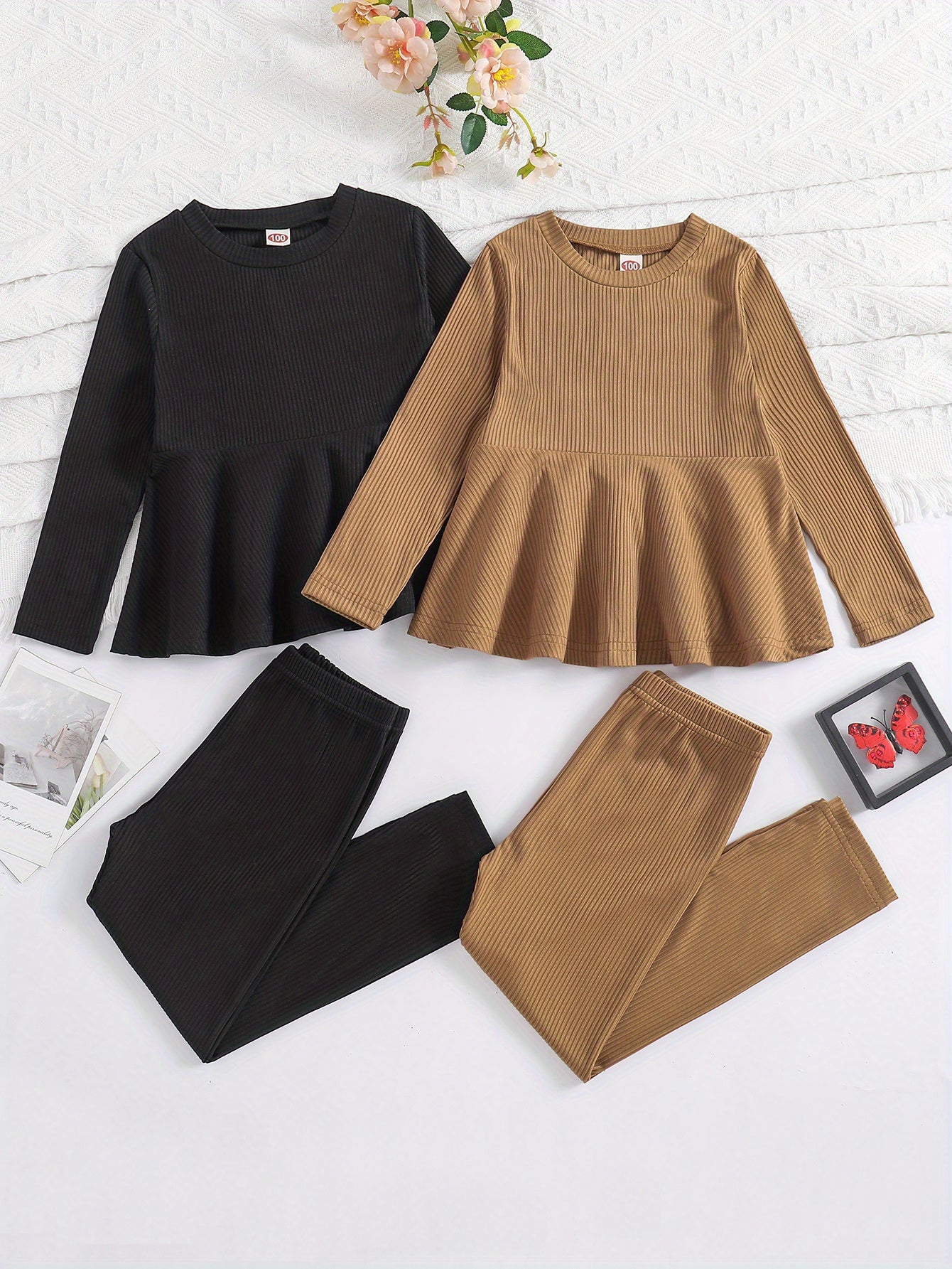 2 Sets Girl's Ribbed Outfit, Peplum Top & Pants Set, Casual Toddler Kid's Clothes For Spring Fall