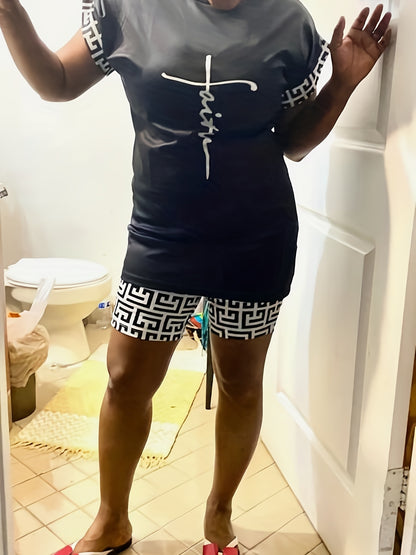 Womens Trendy Letter Print Pajama Set - Soft Short Sleeve Crew Neck Top & Shorts - Lightweight Sleepwear for Casual Lounging and Nighttime Comfort