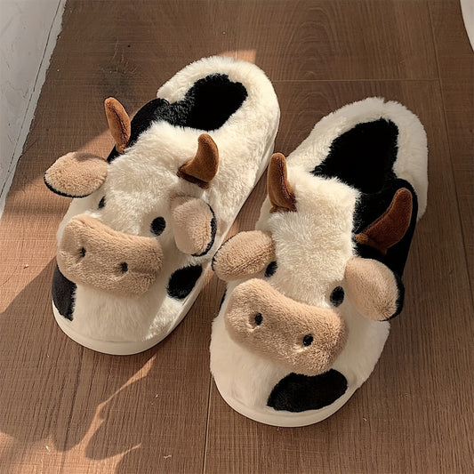 Cozy Cartoon Cow Slippers - Plush Lined Slip-Ons for Winter Warmth and Comfort